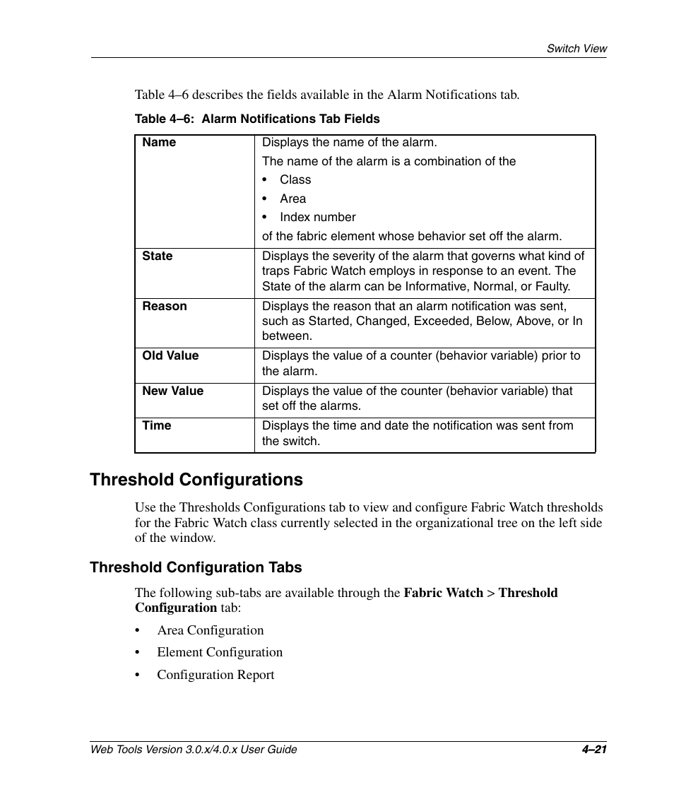 Table 4-6: alarm notifications tab fields, Threshold configurations, Threshold configuration tabs | Threshold configurations –21, Threshold configuration tabs –21, Alarm notifications tab fields –21 | HP StorageWorks 2.32 SAN Switch User Manual | Page 177 / 348