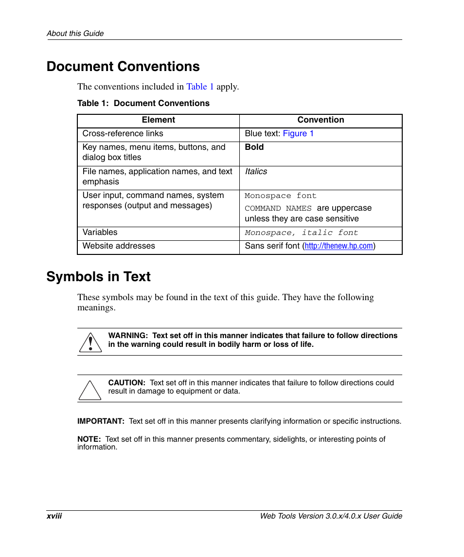 Document conventions, Table 1: document conventions, Symbols in text | HP StorageWorks 2.32 SAN Switch User Manual | Page 18 / 348