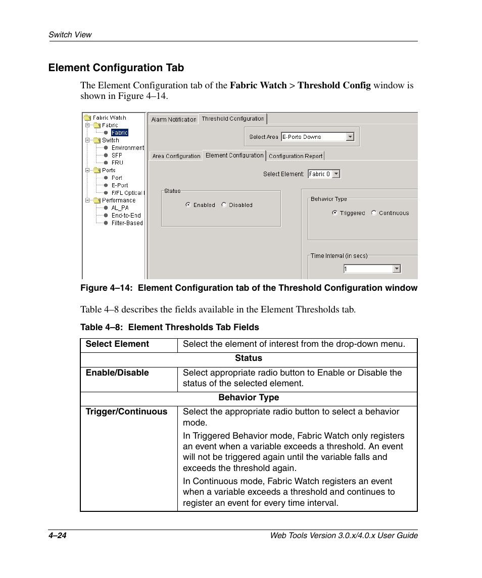 Element configuration tab, Table 4-8: element thresholds tab fields, Element configuration tab –24 | Element thresholds tab fields –24 | HP StorageWorks 2.32 SAN Switch User Manual | Page 180 / 348