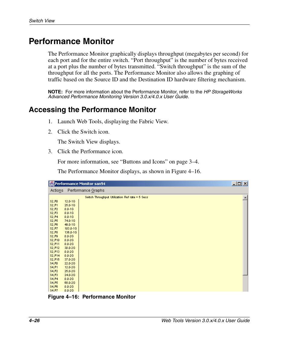 Performance monitor, Accessing the performance monitor, Figure 4-16: performance monitor | Performance monitor –26, Accessing the performance monitor –26 | HP StorageWorks 2.32 SAN Switch User Manual | Page 182 / 348