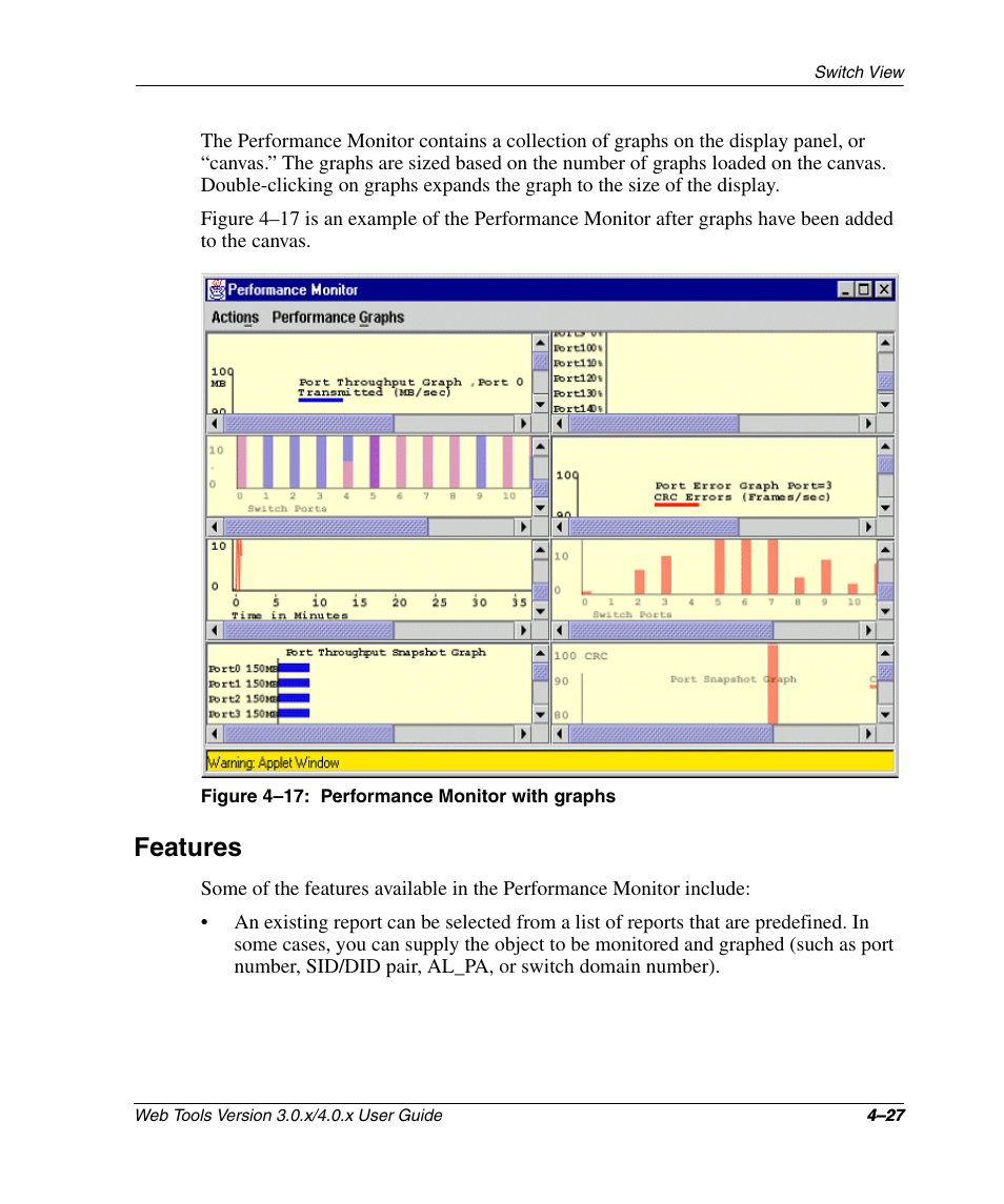 Figure 4-17: performance monitor with graphs, Features, Features –27 | Performance monitor with graphs –27 | HP StorageWorks 2.32 SAN Switch User Manual | Page 183 / 348