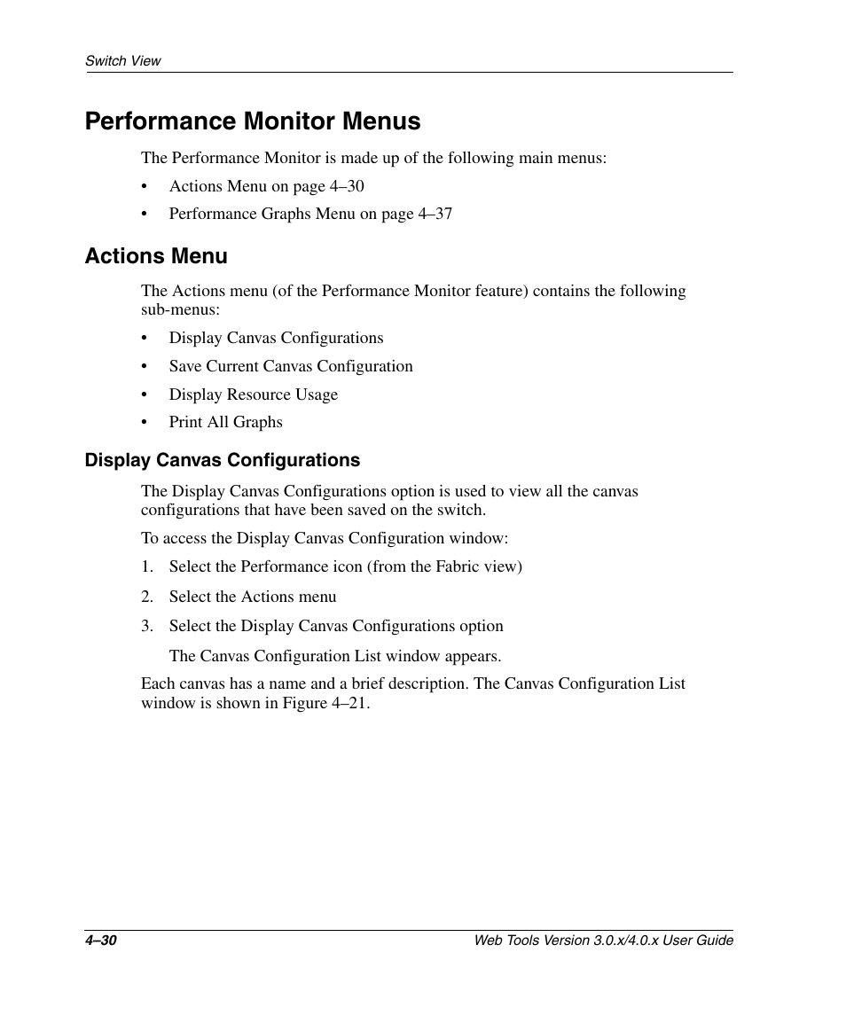 Performance monitor menus, Actions menu, Display canvas configurations | Performance monitor menus –30, Actions menu –30, Display canvas configurations –30 | HP StorageWorks 2.32 SAN Switch User Manual | Page 186 / 348
