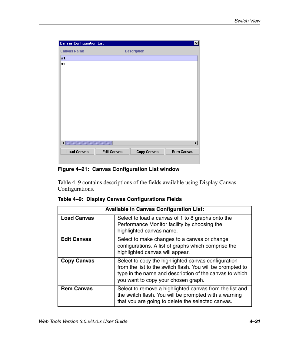 Figure 4-21: canvas configuration list window, Table 4-9: display canvas configurations fields, Canvas configuration list window –31 | Display canvas configurations fields –31, In figure 4–21 | HP StorageWorks 2.32 SAN Switch User Manual | Page 187 / 348
