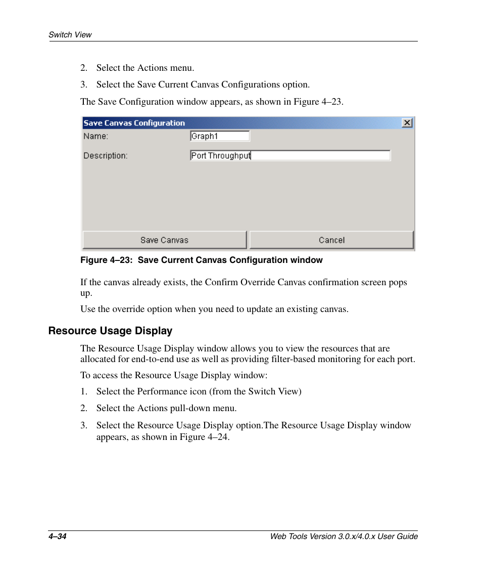 Resource usage display, Resource usage display –34, Save current canvas configuration window –34 | HP StorageWorks 2.32 SAN Switch User Manual | Page 190 / 348