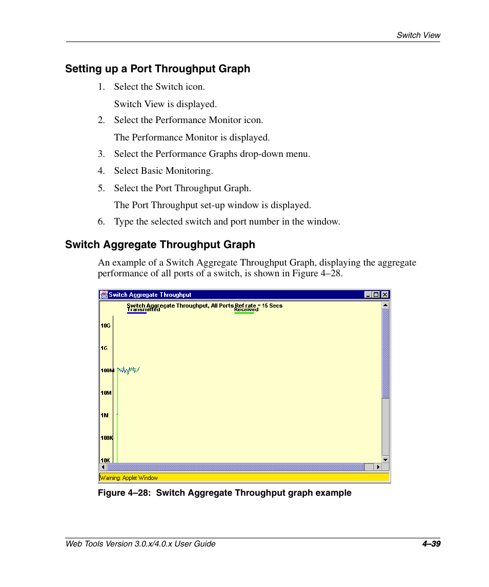 Setting up a port throughput graph, Switch aggregate throughput graph, Switch | See figure 4–28 | HP StorageWorks 2.32 SAN Switch User Manual | Page 195 / 348