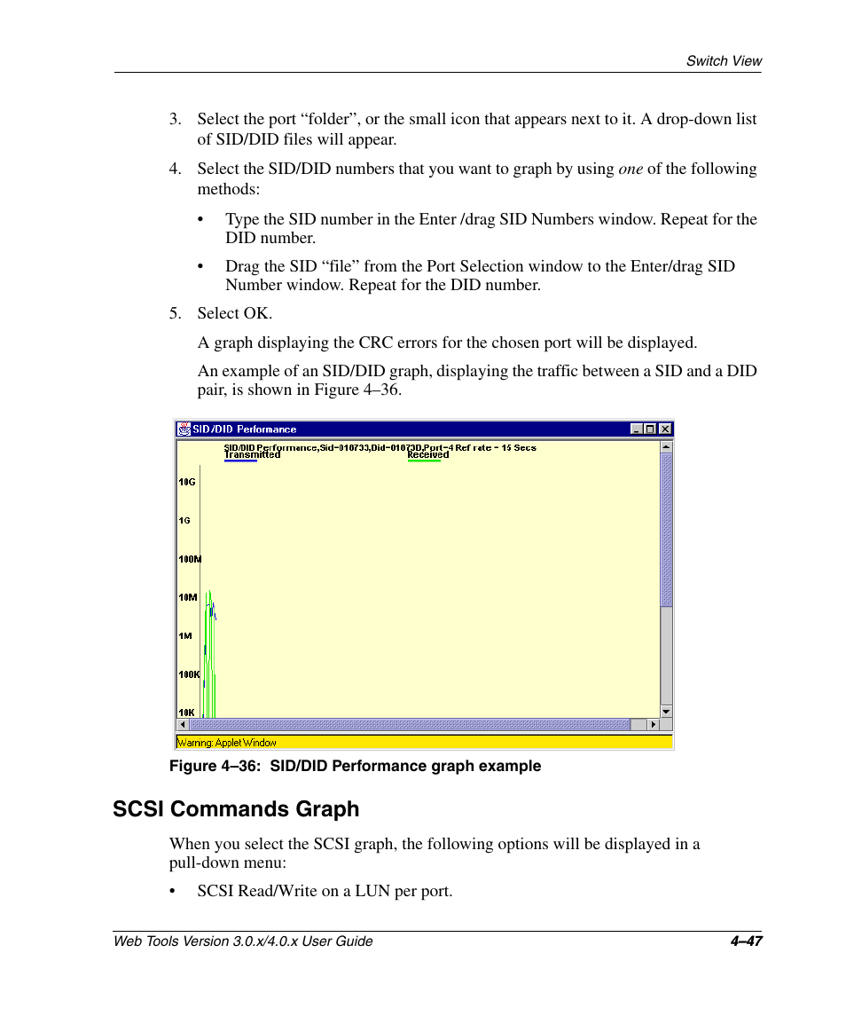 Figure 4-36: sid/did performance graph example, Scsi commands graph, Scsi commands graph –47 | Sid/did performance graph example | HP StorageWorks 2.32 SAN Switch User Manual | Page 203 / 348