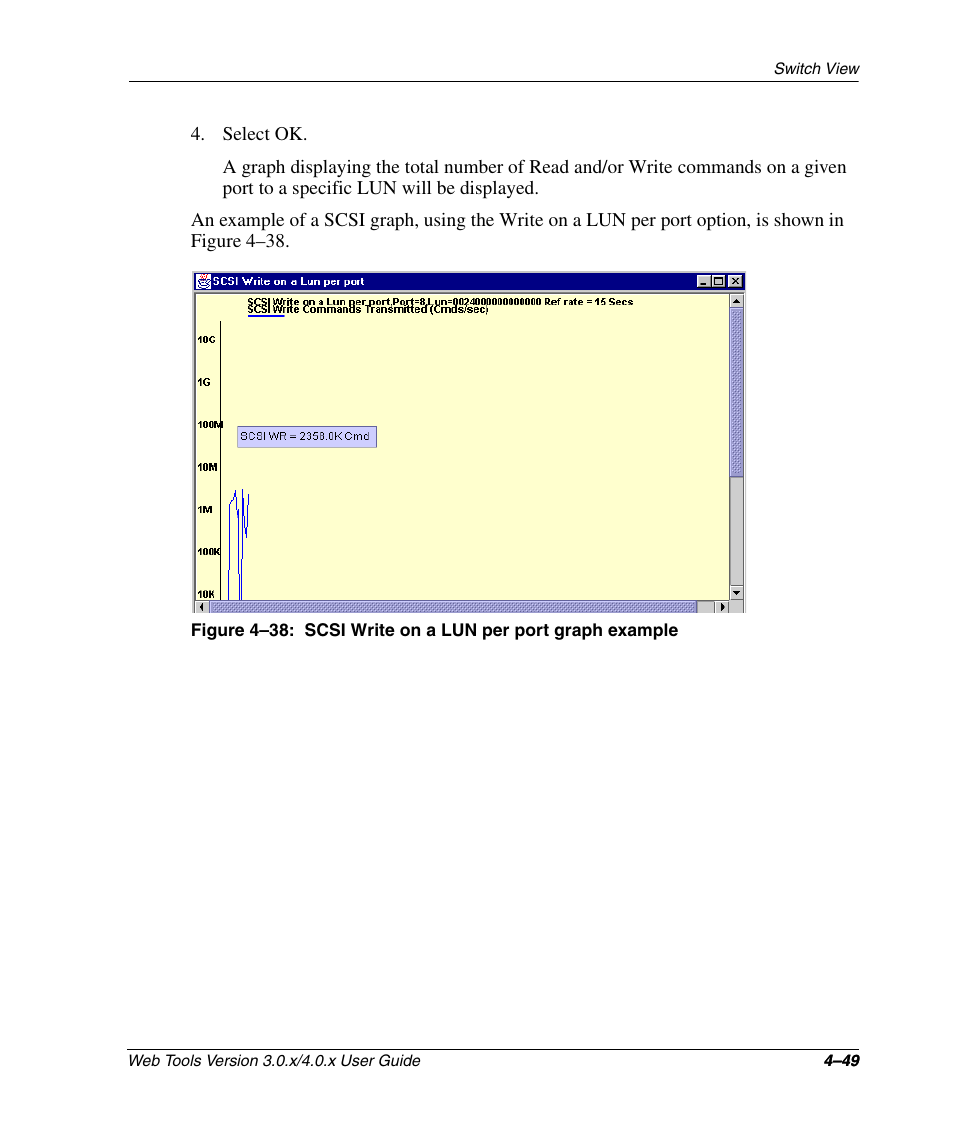 Scsi write on a lun per port graph example –49, E figure 4–38 | HP StorageWorks 2.32 SAN Switch User Manual | Page 205 / 348