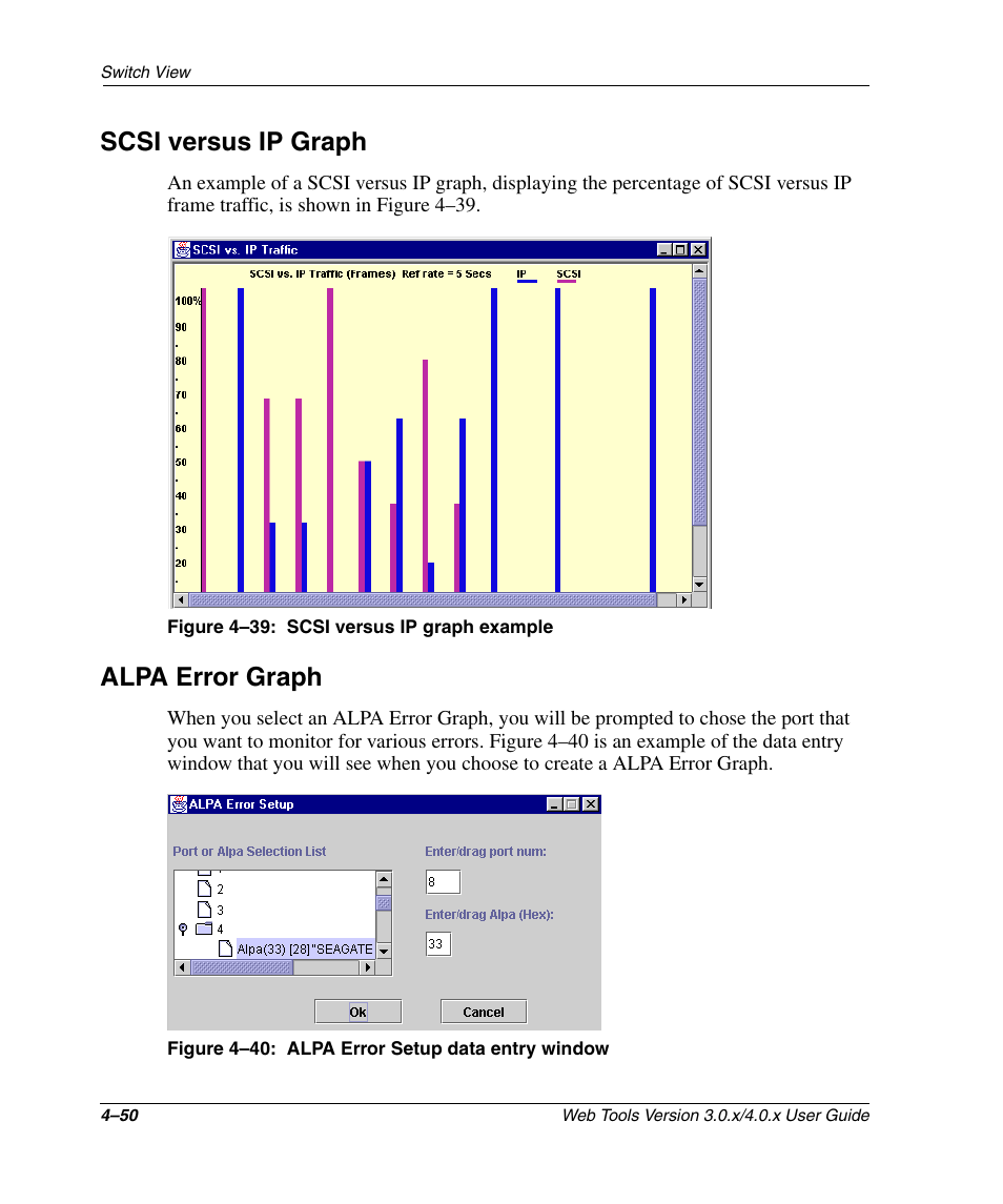 Scsi versus ip graph, Figure 4-39: scsi versus ip graph example, Alpa error graph | Figure 4-40: alpa error setup data entry window, Scsi versus ip graph –50 alpa error graph –50, Scsi, Alpa error setup data entry window –50, Figure 4–39 | HP StorageWorks 2.32 SAN Switch User Manual | Page 206 / 348
