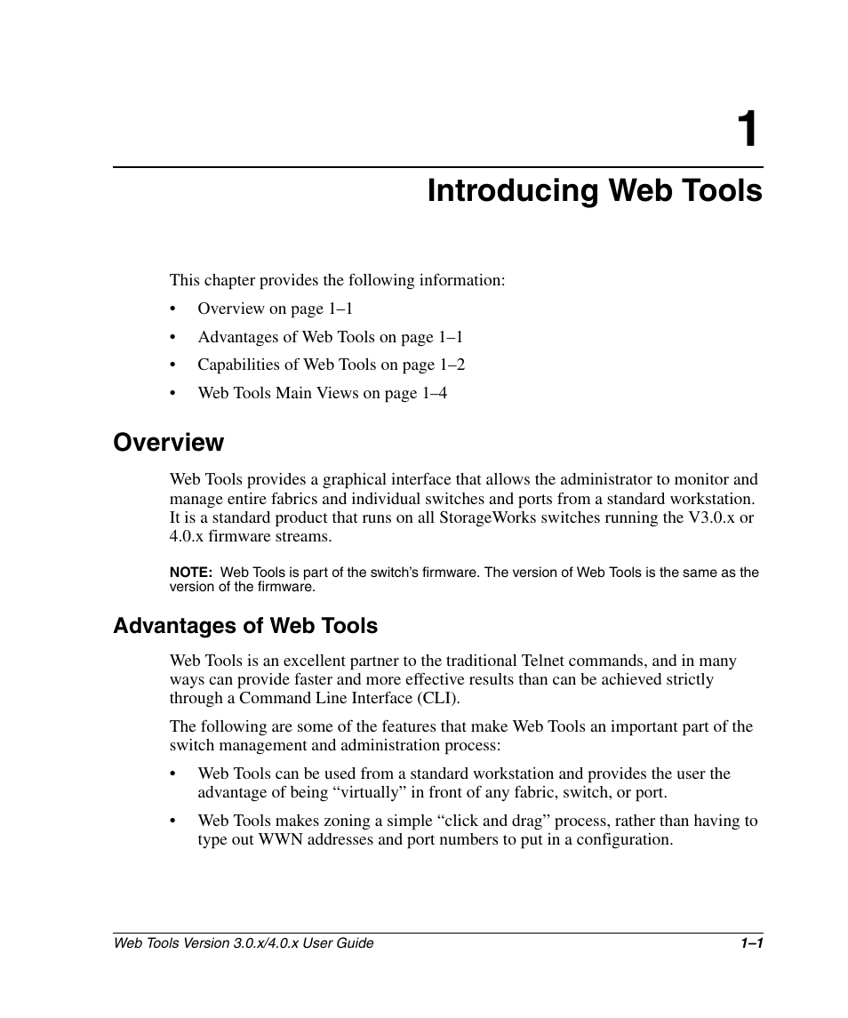 Introducing web tools, Overview, Advantages of web tools | Overview –1, Advantages of web tools –1 | HP StorageWorks 2.32 SAN Switch User Manual | Page 21 / 348