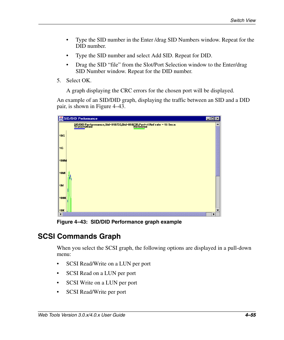 Figure 4-43: sid/did performance graph example, Scsi commands graph, Scsi commands graph –55 | Sid/did performance graph example | HP StorageWorks 2.32 SAN Switch User Manual | Page 211 / 348