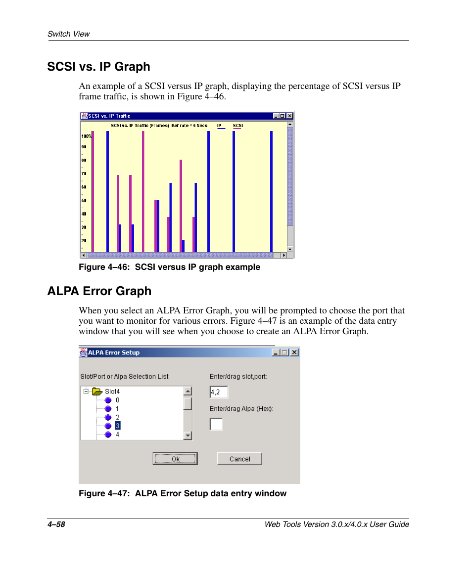 Scsi vs. ip graph, Figure 4-46: scsi versus ip graph example, Alpa error graph | Figure 4-47: alpa error setup data entry window, Scsi vs. ip graph –58 alpa error graph –58, Scsi, Alpa error setup data entry window –58, E figure 4–46, Figure 4–47 | HP StorageWorks 2.32 SAN Switch User Manual | Page 214 / 348