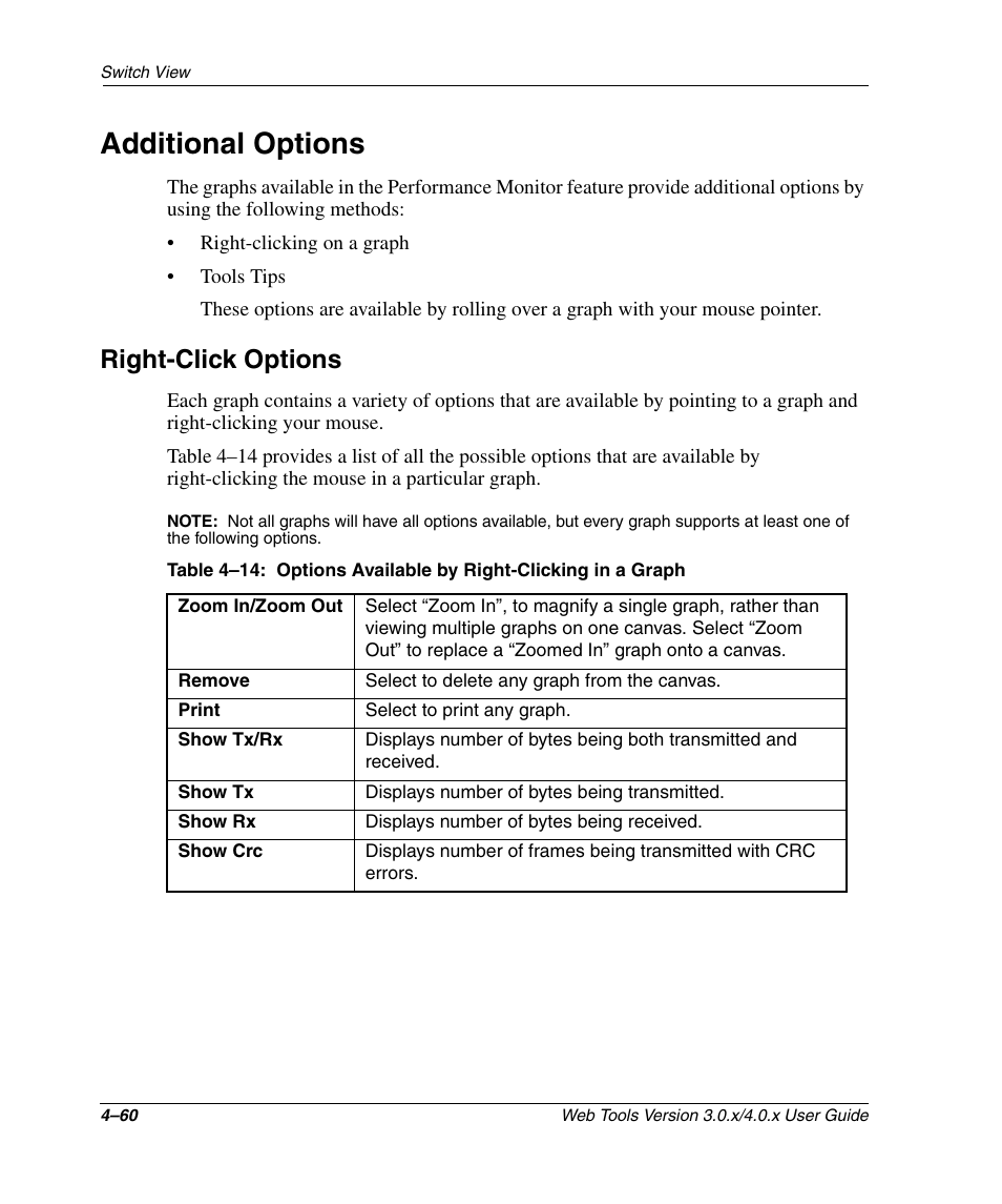 Additional options, Right-click options, Additional options –60 | Right-click options –60, Options available by right-clicking in a graph –60 | HP StorageWorks 2.32 SAN Switch User Manual | Page 216 / 348