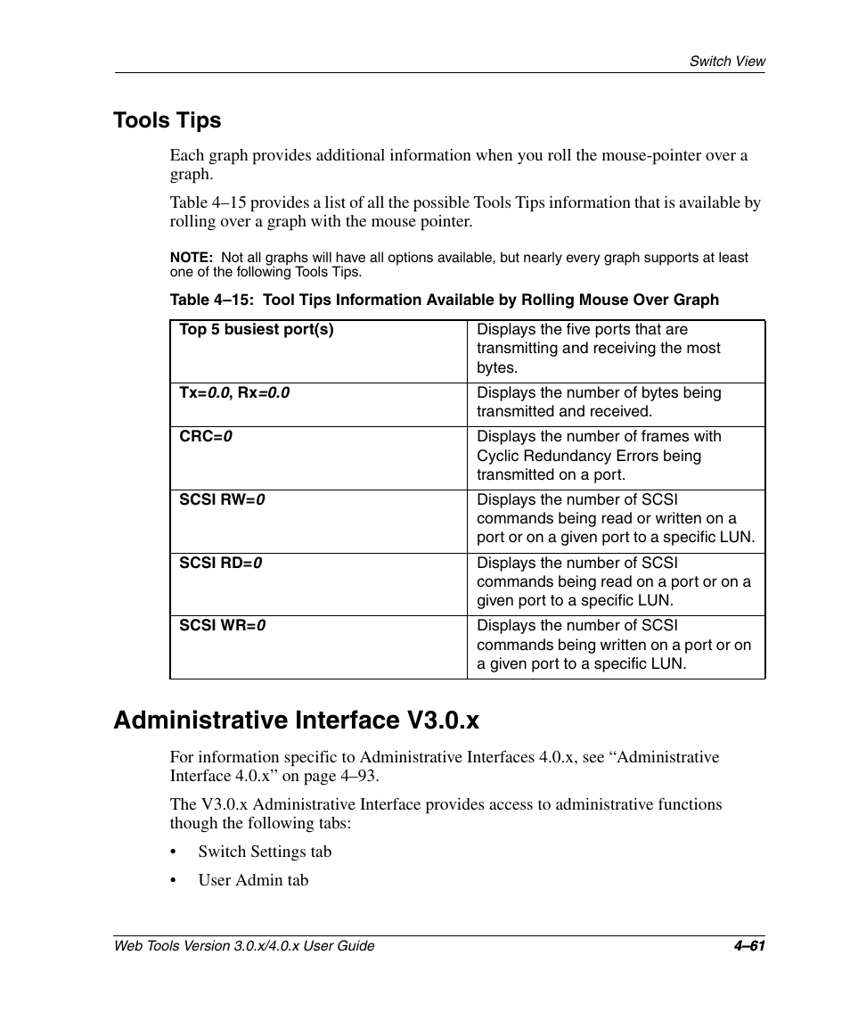 Tools tips, Administrative interface v3.0.x, Tools tips –61 | Administrative interface v3.0.x –61, Administrative interface v3.0.x o | HP StorageWorks 2.32 SAN Switch User Manual | Page 217 / 348