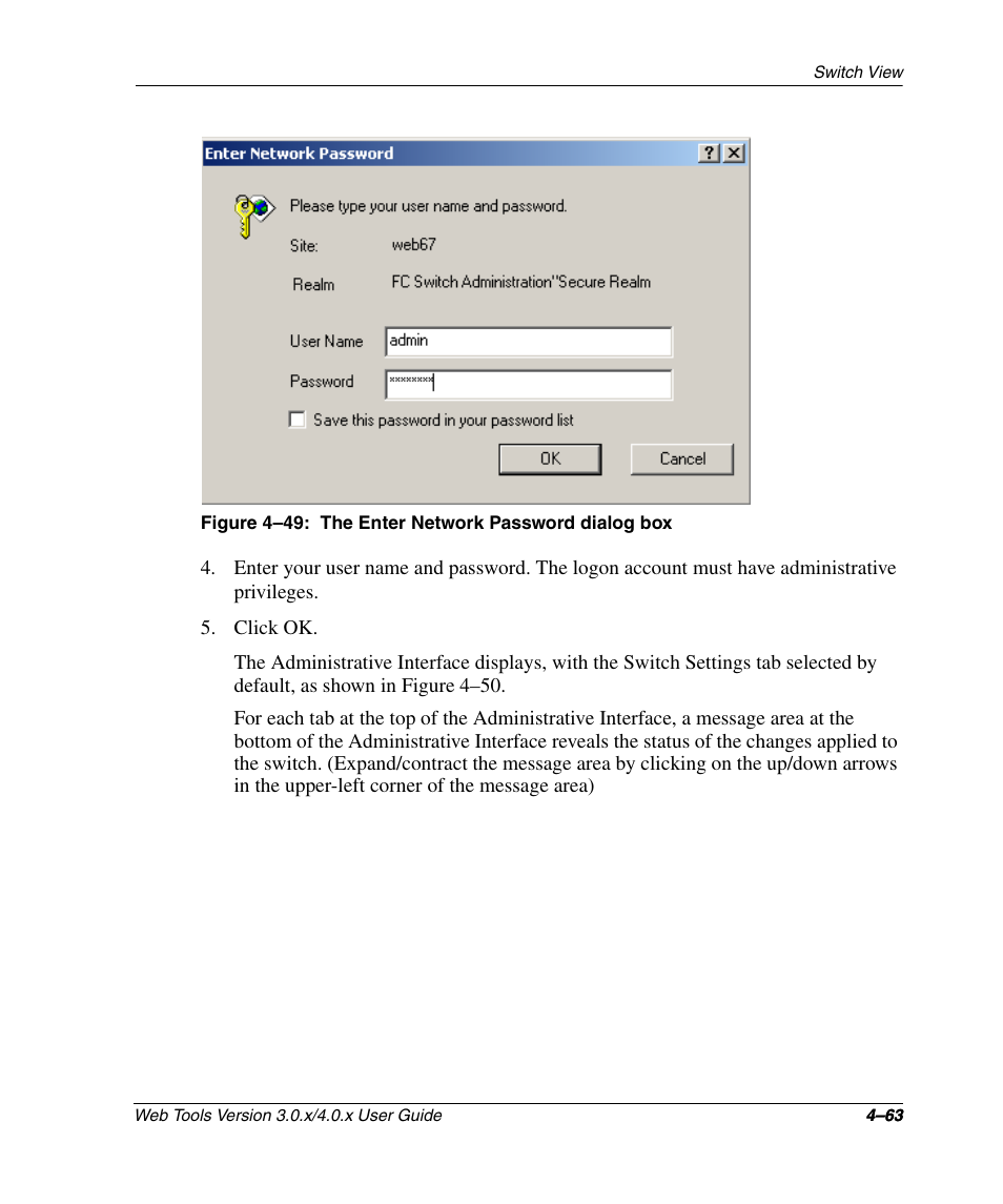 Figure 4-49: the enter network password dialog box, The enter network password dialog box –63 | HP StorageWorks 2.32 SAN Switch User Manual | Page 219 / 348