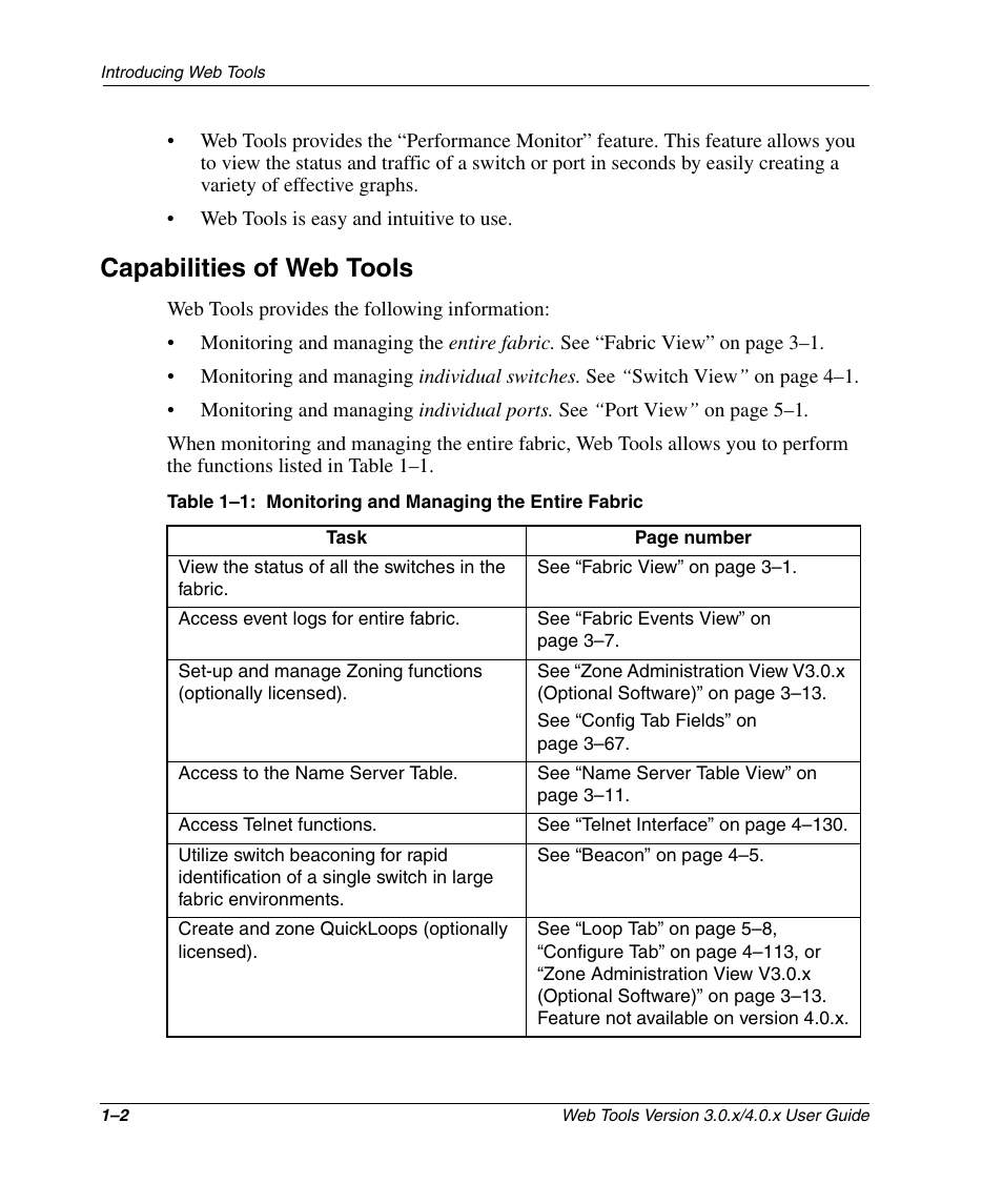 Capabilities of web tools, Capabilities of web tools –2, Monitoring and managing the entire fabric –2 | HP StorageWorks 2.32 SAN Switch User Manual | Page 22 / 348