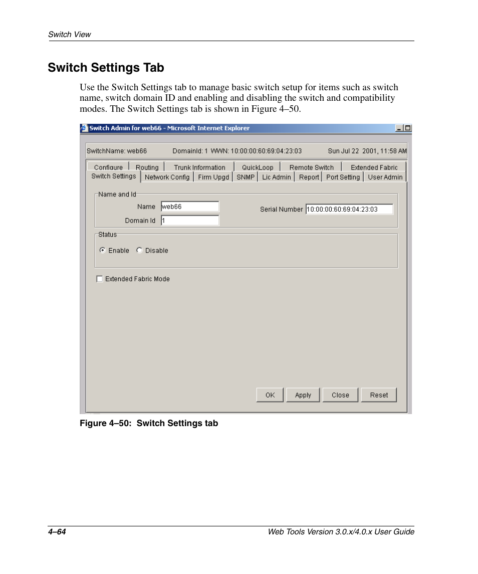 Switch settings tab, Figure 4-50: switch settings tab, Switch settings tab –64 | HP StorageWorks 2.32 SAN Switch User Manual | Page 220 / 348