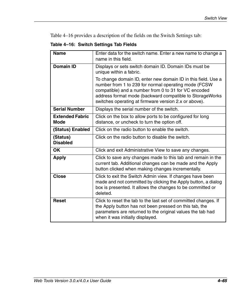 Table 4-16: switch settings tab fields, Switch settings tab fields –65 | HP StorageWorks 2.32 SAN Switch User Manual | Page 221 / 348