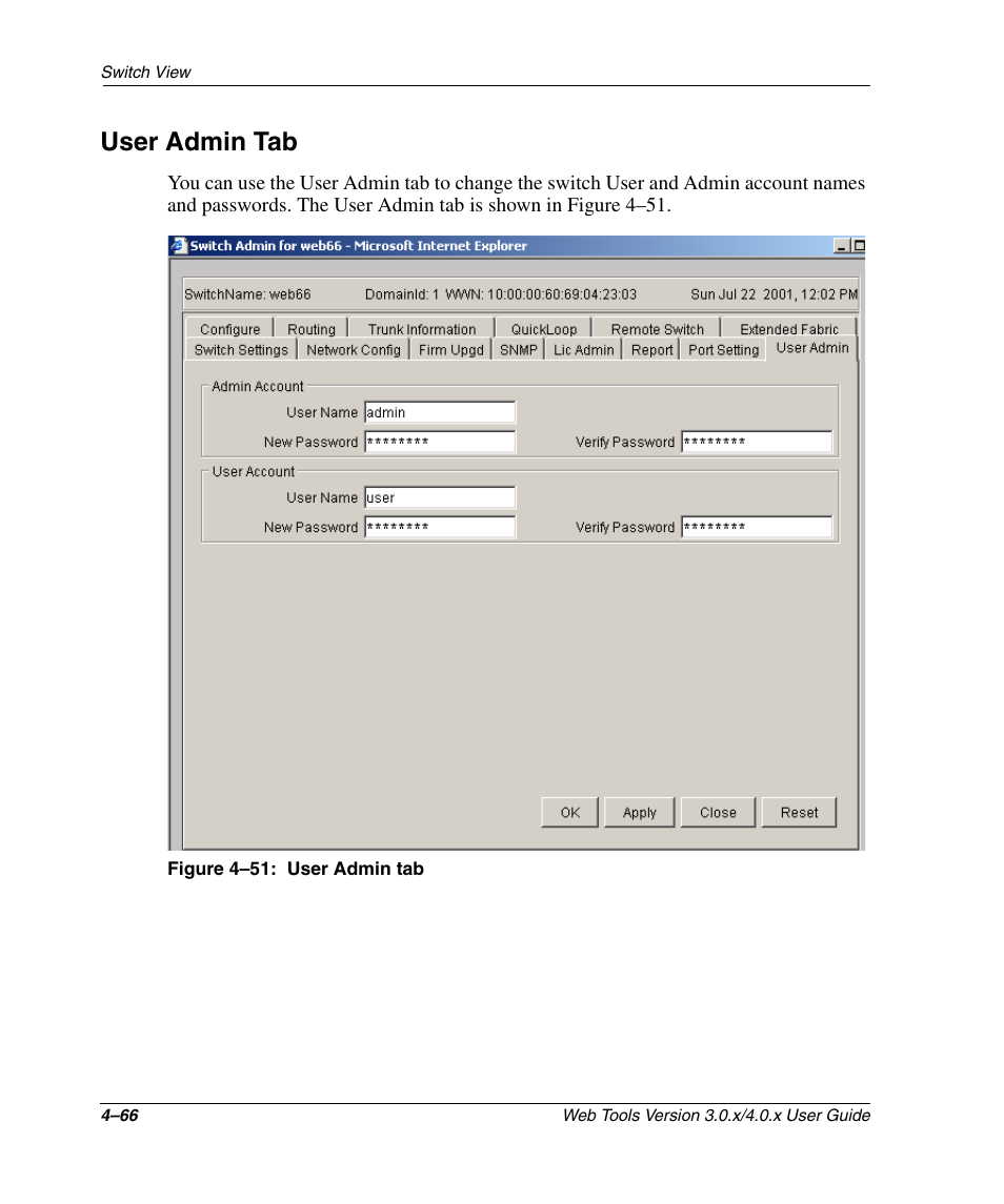 User admin tab, Figure 4-51: user admin tab, User admin tab –66 | HP StorageWorks 2.32 SAN Switch User Manual | Page 222 / 348
