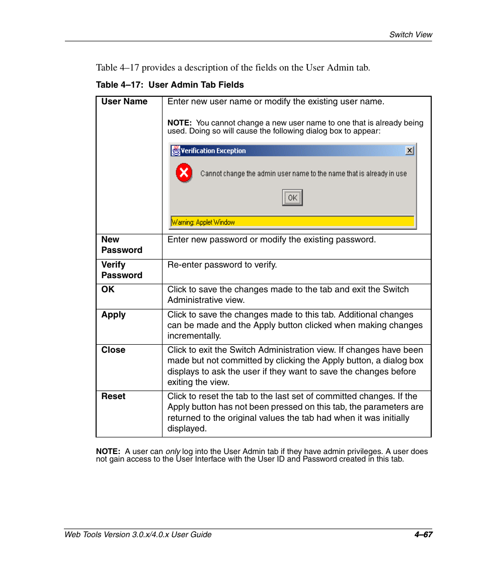Table 4-17: user admin tab fields, User admin tab fields –67 | HP StorageWorks 2.32 SAN Switch User Manual | Page 223 / 348