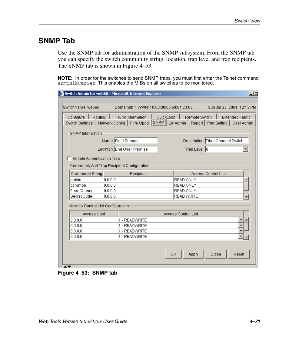 Snmp tab, Figure 4-53: snmp tab, Snmp tab –71 | HP StorageWorks 2.32 SAN Switch User Manual | Page 227 / 348