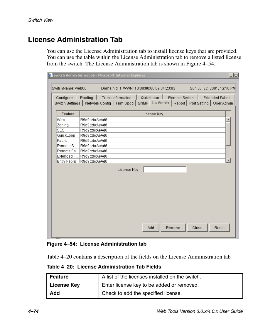 License administration tab, Figure 4-54: license administration tab, Table 4-20: license administration tab fields | License administration tab –74, License administration tab fields –74 | HP StorageWorks 2.32 SAN Switch User Manual | Page 230 / 348
