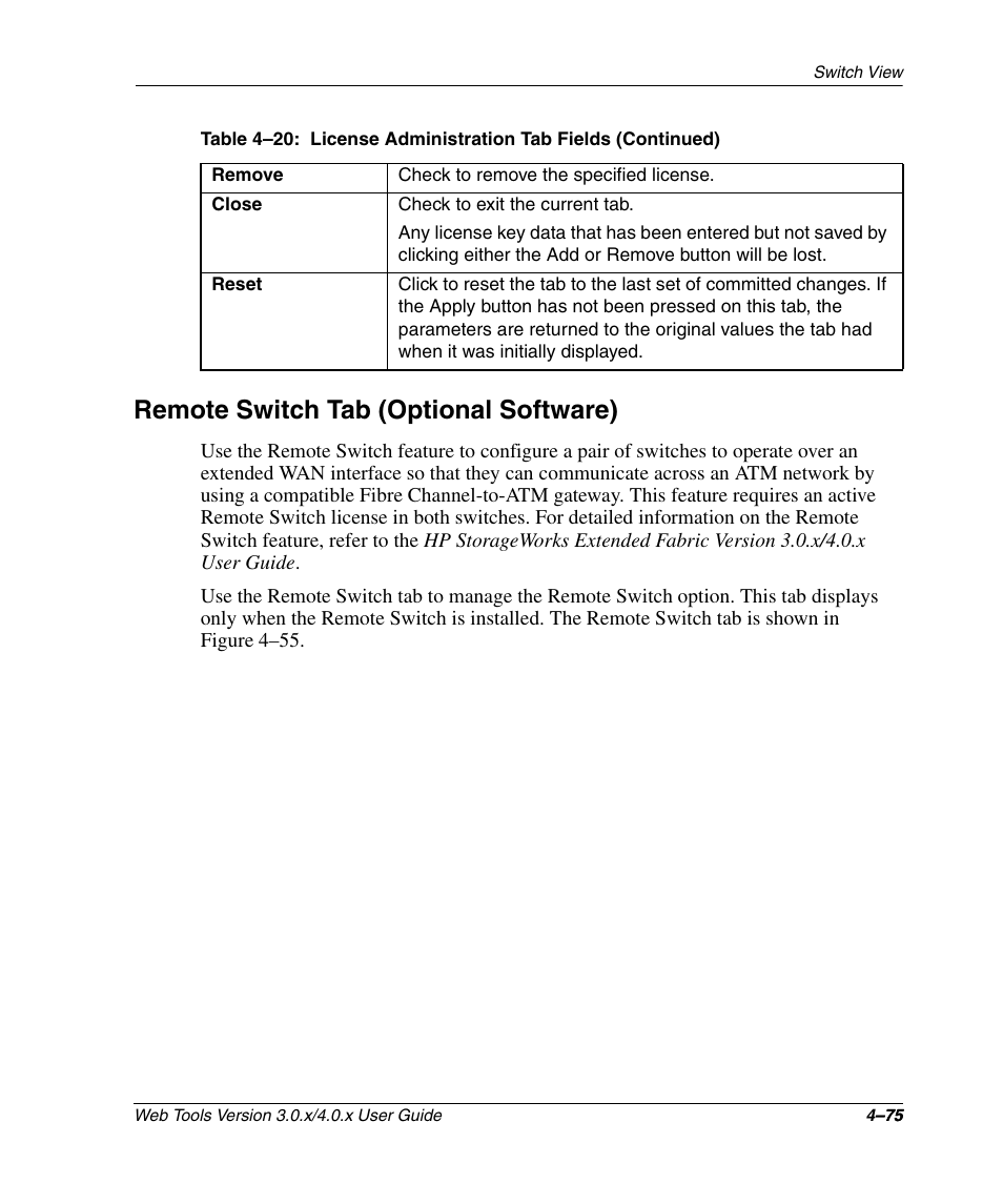 Remote switch tab (optional software), Remote switch tab (optional software) –75 | HP StorageWorks 2.32 SAN Switch User Manual | Page 231 / 348