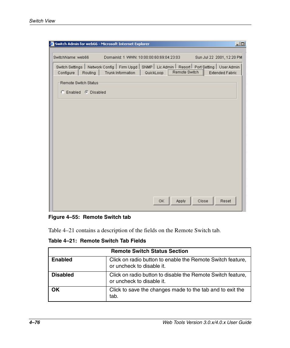 Figure 4-55: remote switch tab, Table 4-21: remote switch tab fields, Remote switch tab –76 | Remote switch tab fields –76 | HP StorageWorks 2.32 SAN Switch User Manual | Page 232 / 348
