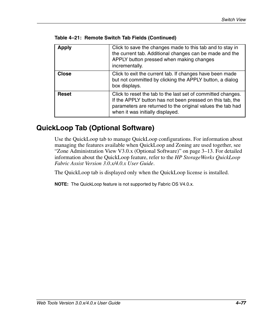 Quickloop tab (optional software), Quickloop tab (optional software) –77 | HP StorageWorks 2.32 SAN Switch User Manual | Page 233 / 348