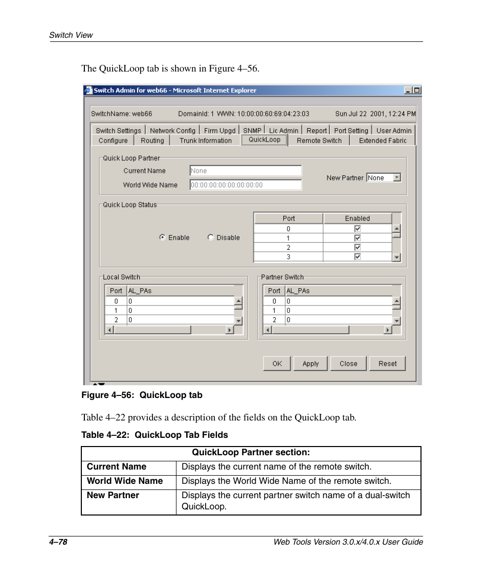 Figure 4-56: quickloop tab, Table 4-22: quickloop tab fields, Quickloop tab –78 | Quickloop tab fields –78 | HP StorageWorks 2.32 SAN Switch User Manual | Page 234 / 348