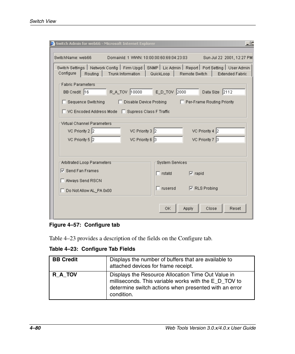 Figure 4-57: configure tab, Table 4-23: configure tab fields, Configure tab –80 | Configure tab fields –80 | HP StorageWorks 2.32 SAN Switch User Manual | Page 236 / 348