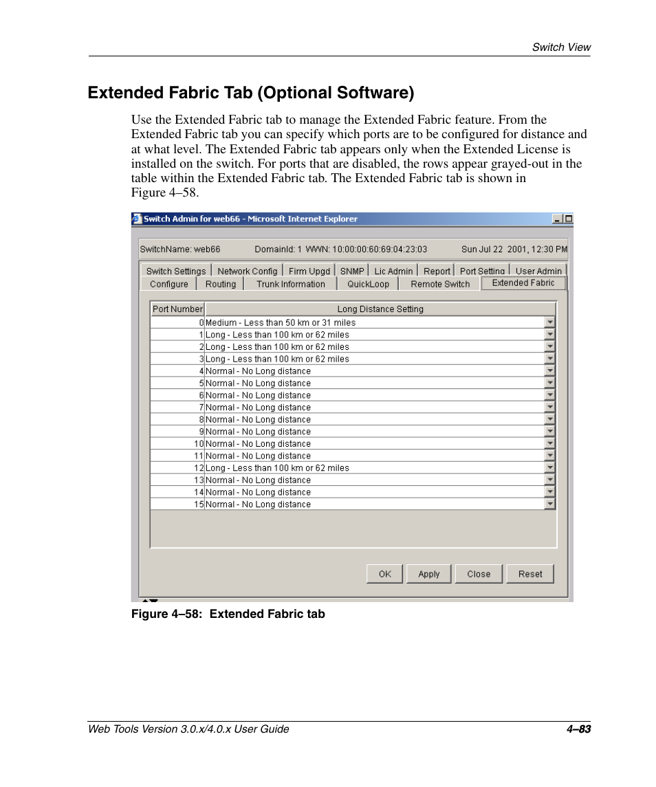 Extended fabric tab (optional software), Figure 4-58: extended fabric tab, Extended fabric tab (optional software) –83 | Extended fabric tab –83 | HP StorageWorks 2.32 SAN Switch User Manual | Page 239 / 348