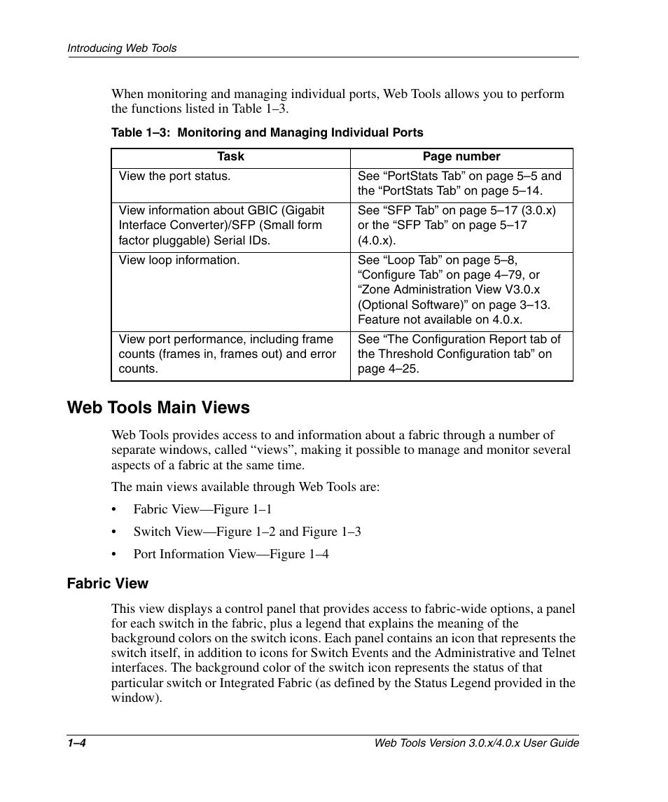 Web tools main views, Fabric view, Web tools main views –4 | Fabric view –4, Monitoring and managing individual ports –4 | HP StorageWorks 2.32 SAN Switch User Manual | Page 24 / 348