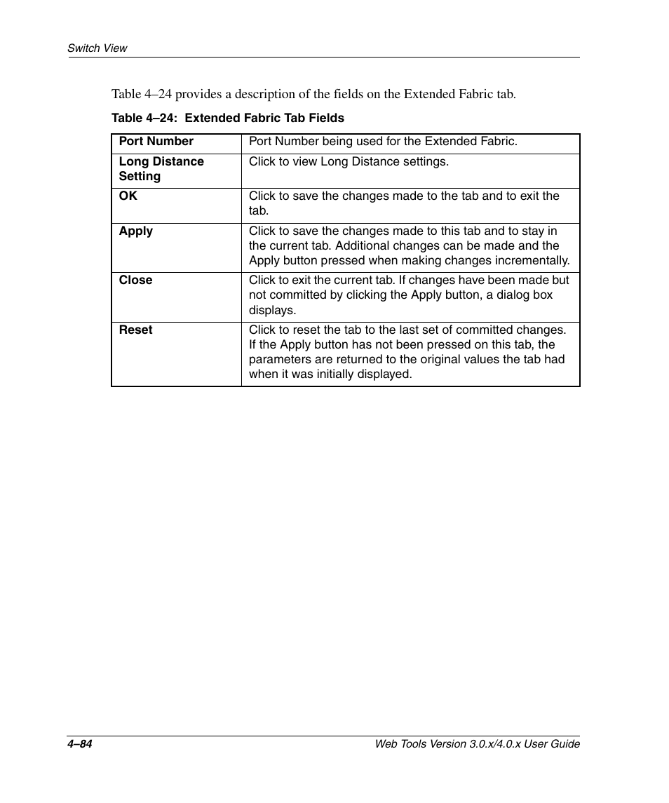 Table 4-24: extended fabric tab fields, Extended fabric tab fields –84 | HP StorageWorks 2.32 SAN Switch User Manual | Page 240 / 348