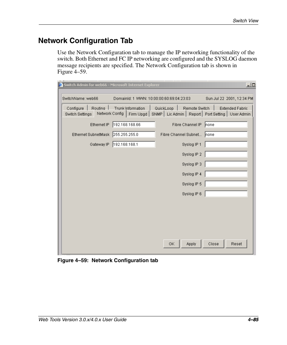 Network configuration tab, Figure 4-59: network configuration tab, Network configuration tab –85 | HP StorageWorks 2.32 SAN Switch User Manual | Page 241 / 348