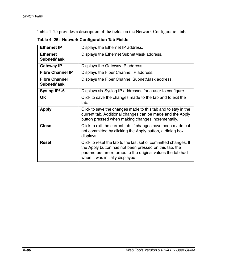 Table 4-25: network configuration tab fields, Network configuration tab fields –86 | HP StorageWorks 2.32 SAN Switch User Manual | Page 242 / 348