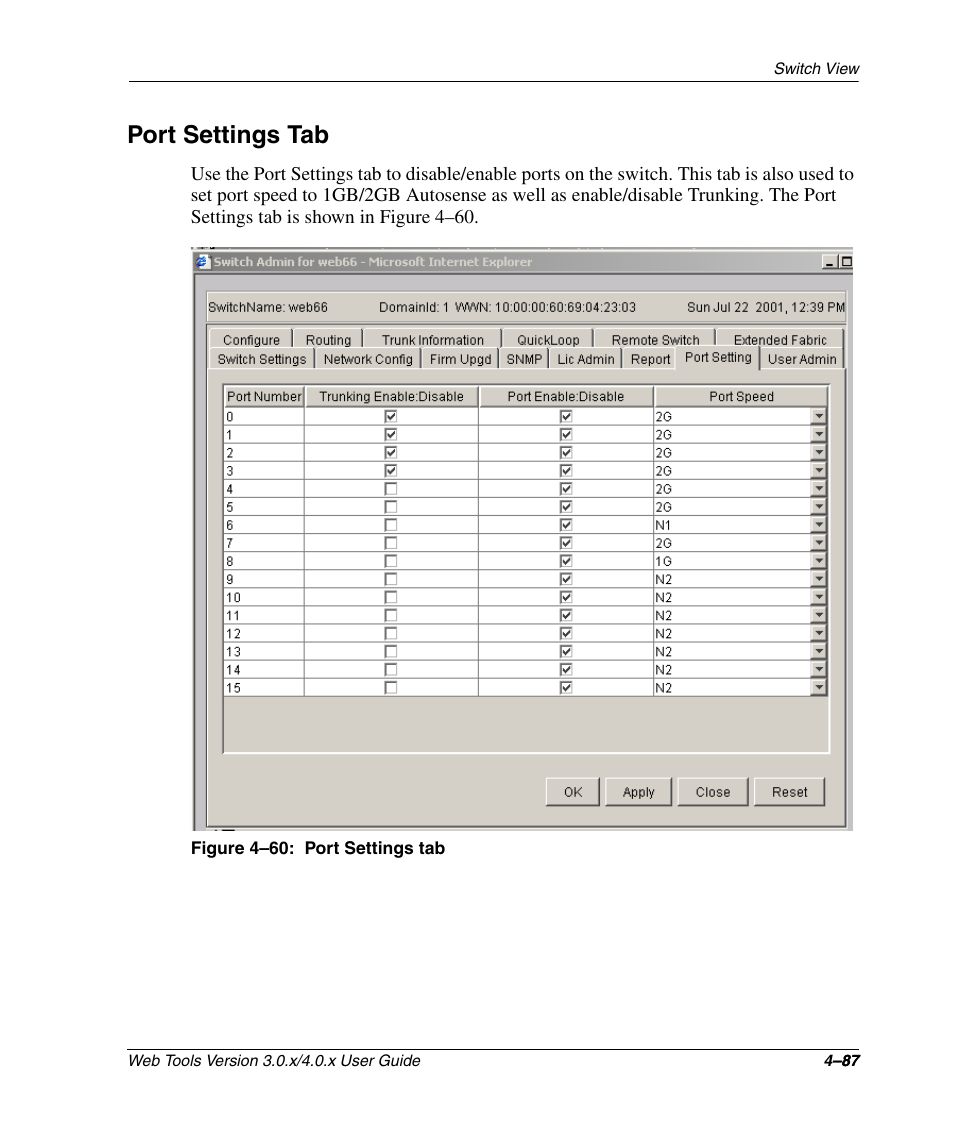 Port settings tab, Figure 4-60: port settings tab, Port settings tab –87 | HP StorageWorks 2.32 SAN Switch User Manual | Page 243 / 348