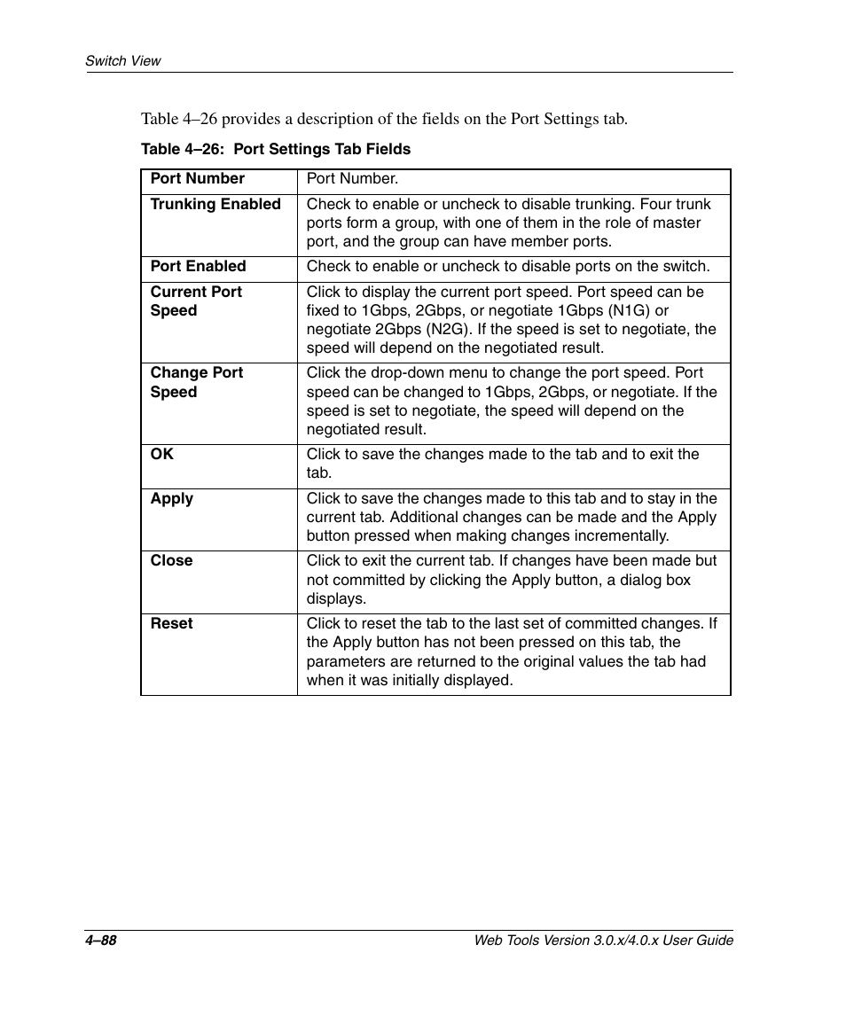 Table 4-26: port settings tab fields, Port settings tab fields –88 | HP StorageWorks 2.32 SAN Switch User Manual | Page 244 / 348