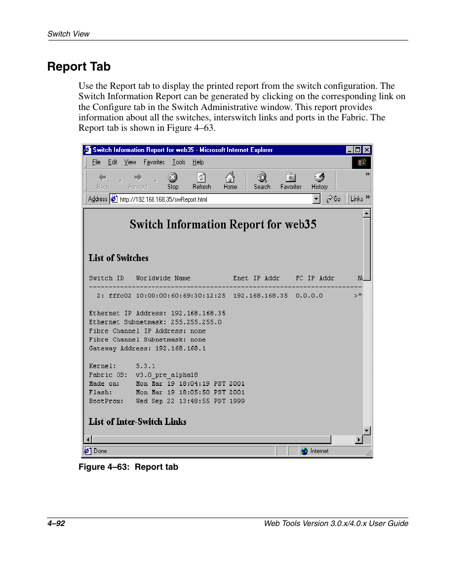 Report tab, Figure 4-63: report tab, Report tab –92 | HP StorageWorks 2.32 SAN Switch User Manual | Page 248 / 348