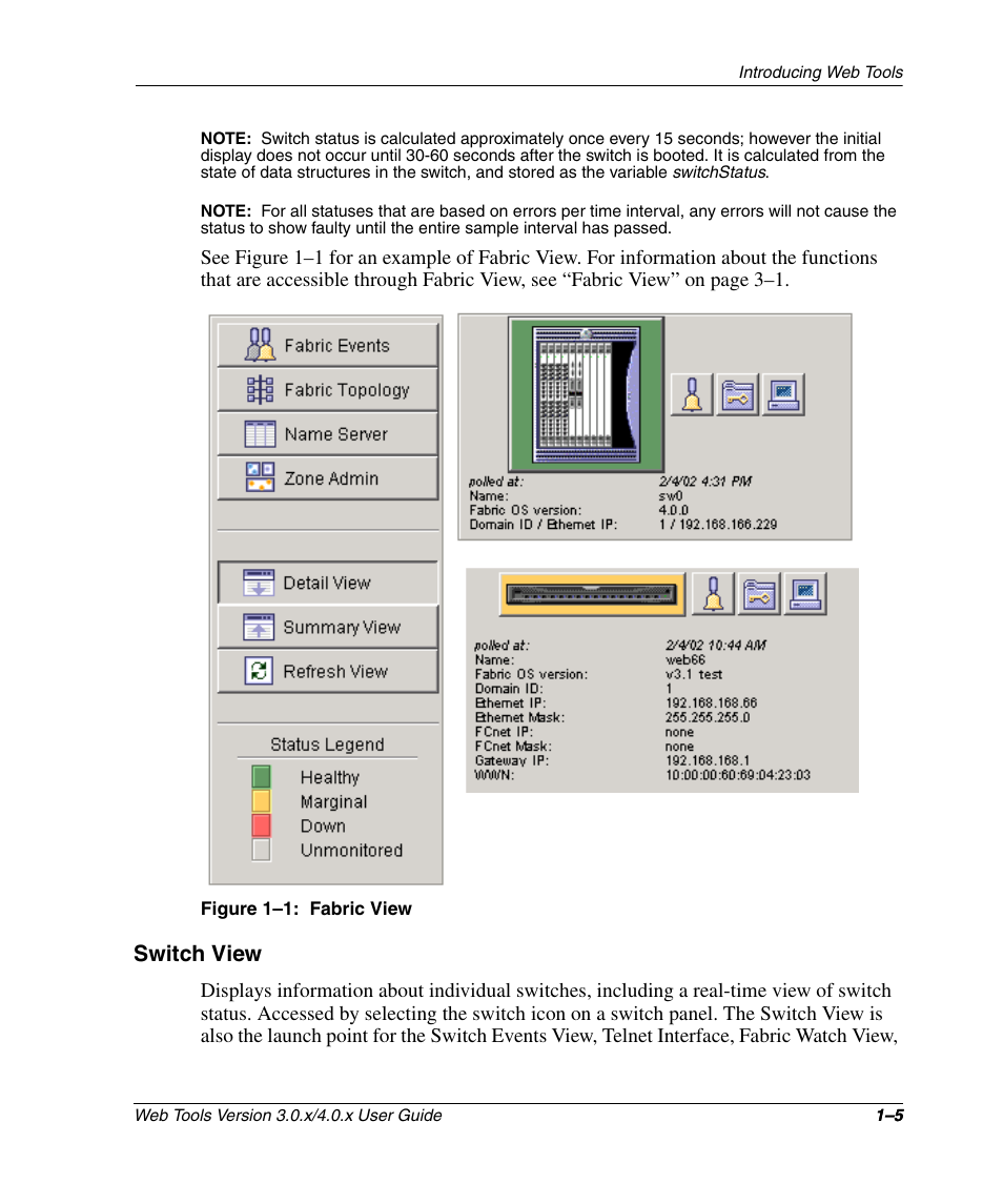 Figure 1-1: fabric view, Switch view, Switch view –5 | Fabric view –5, Figure 1–1 | HP StorageWorks 2.32 SAN Switch User Manual | Page 25 / 348