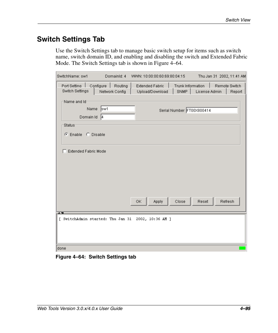 Switch settings tab, Figure 4-64: switch settings tab, Switch settings tab –95 | E “switch settings tab | HP StorageWorks 2.32 SAN Switch User Manual | Page 251 / 348