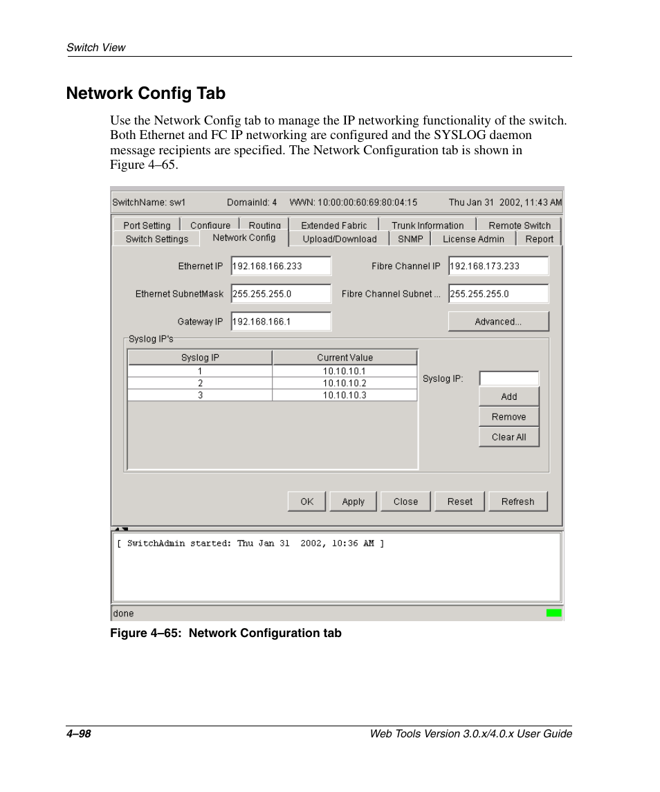 Network config tab, Figure 4-65: network configuration tab, Network config tab –98 | Network configuration tab –98 | HP StorageWorks 2.32 SAN Switch User Manual | Page 254 / 348