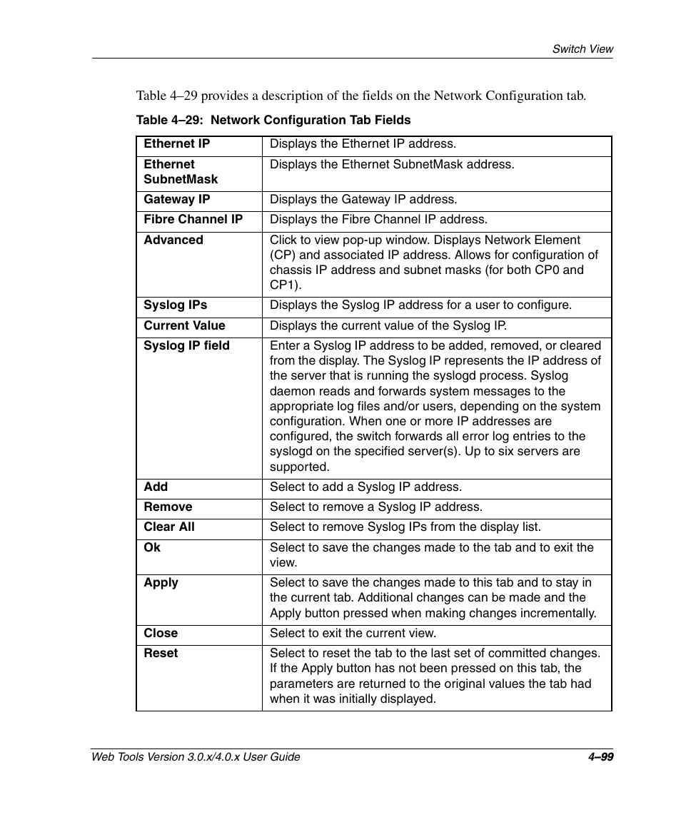 Table 4-29: network configuration tab fields, Network configuration tab fields –99 | HP StorageWorks 2.32 SAN Switch User Manual | Page 255 / 348