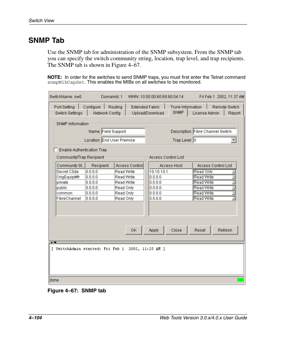 Snmp tab, Figure 4-67: snmp tab, Snmp tab –104 | HP StorageWorks 2.32 SAN Switch User Manual | Page 260 / 348