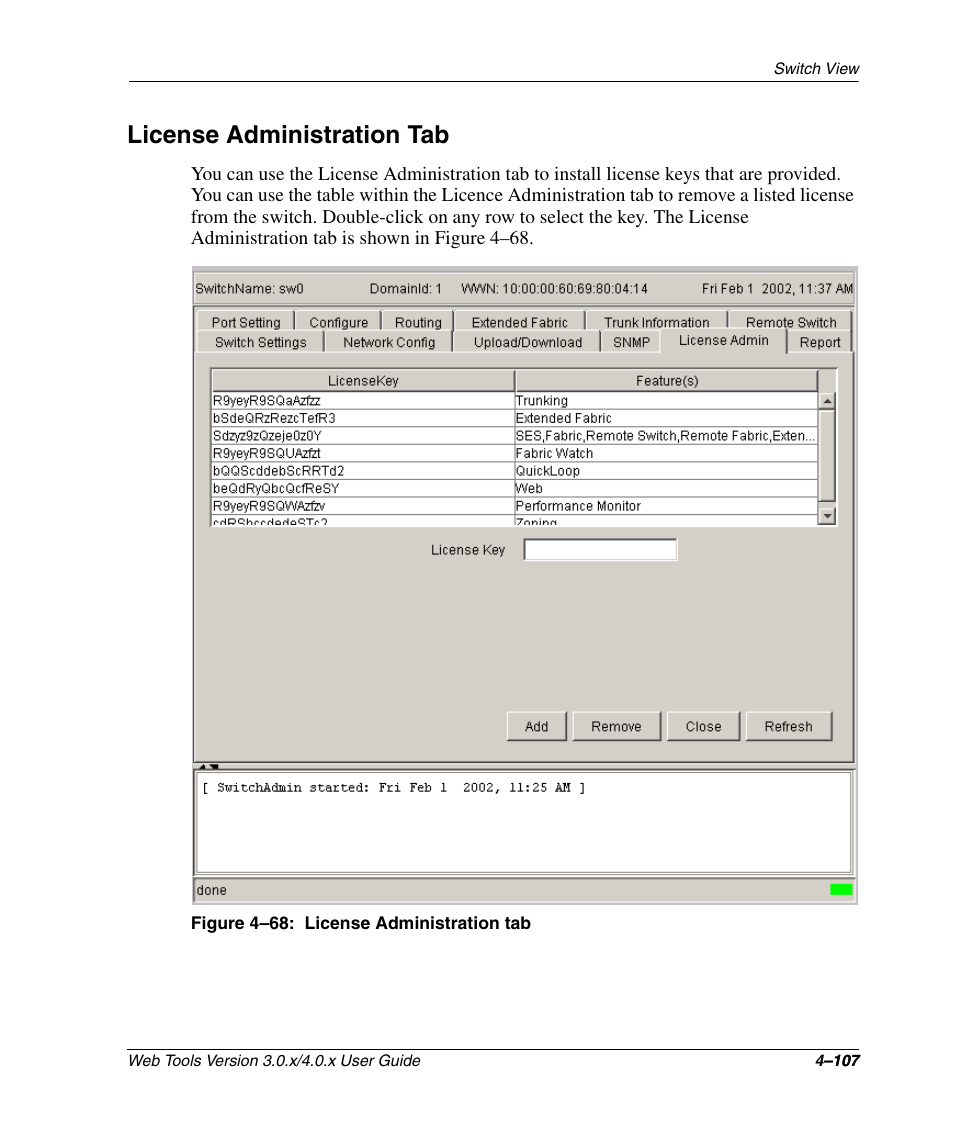 License administration tab, Figure 4-68: license administration tab, License administration tab –107 | D “license administration tab | HP StorageWorks 2.32 SAN Switch User Manual | Page 263 / 348