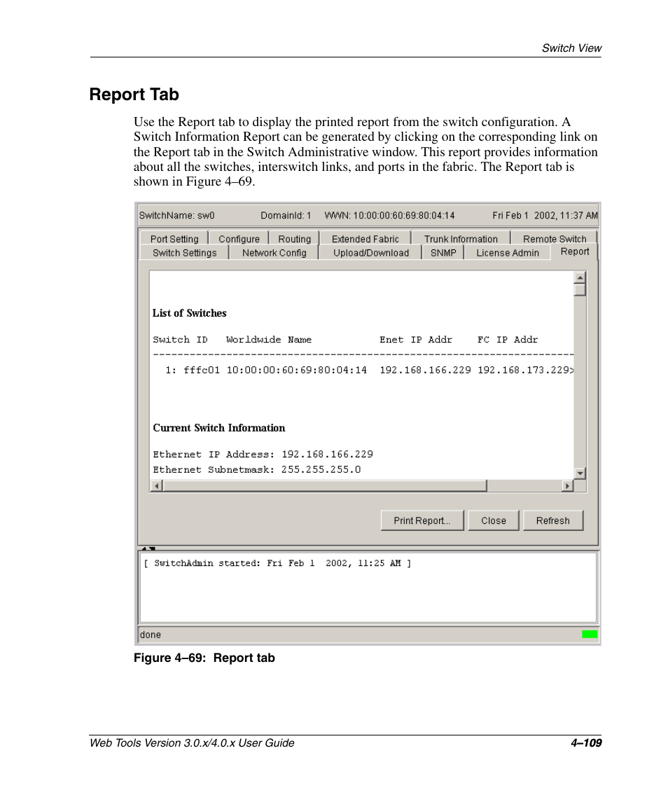 Report tab, Figure 4-69: report tab, Report tab –109 | HP StorageWorks 2.32 SAN Switch User Manual | Page 265 / 348