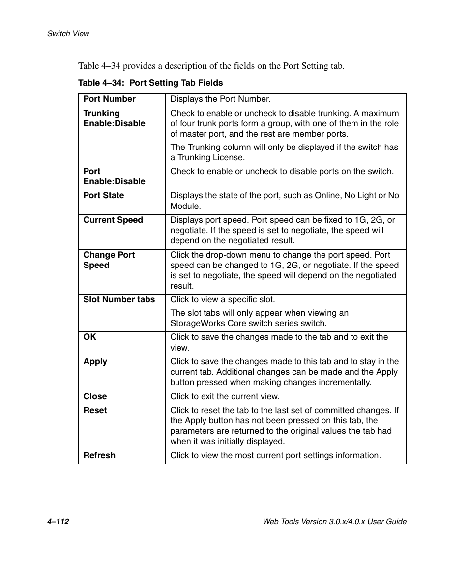 Table 4-34: port setting tab fields, Port setting tab fields –112 | HP StorageWorks 2.32 SAN Switch User Manual | Page 268 / 348