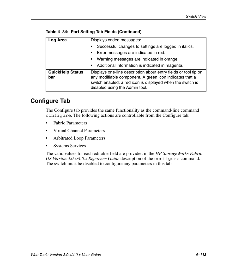 Configure tab, Configure tab –113, E “configure tab | HP StorageWorks 2.32 SAN Switch User Manual | Page 269 / 348