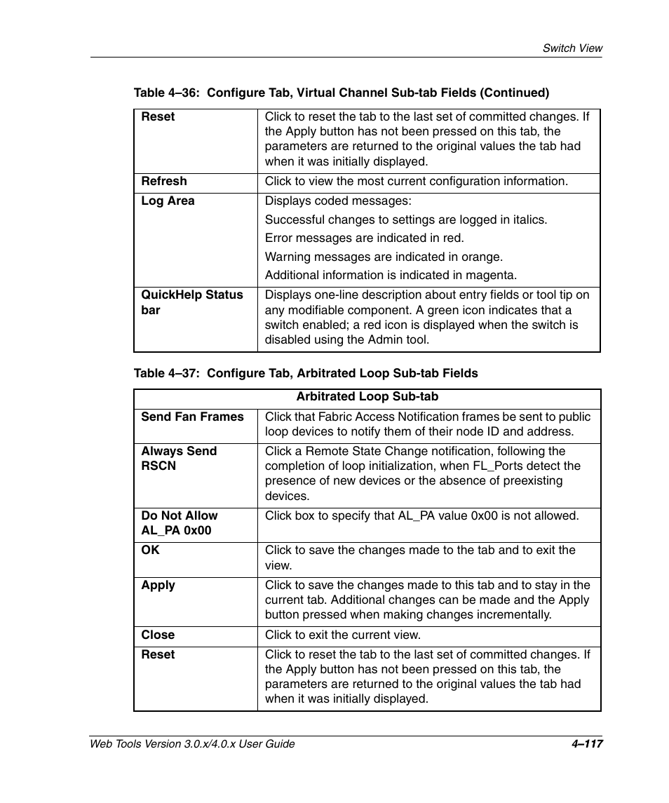 Configure tab, arbitrated loop sub-tab fields –117 | HP StorageWorks 2.32 SAN Switch User Manual | Page 273 / 348