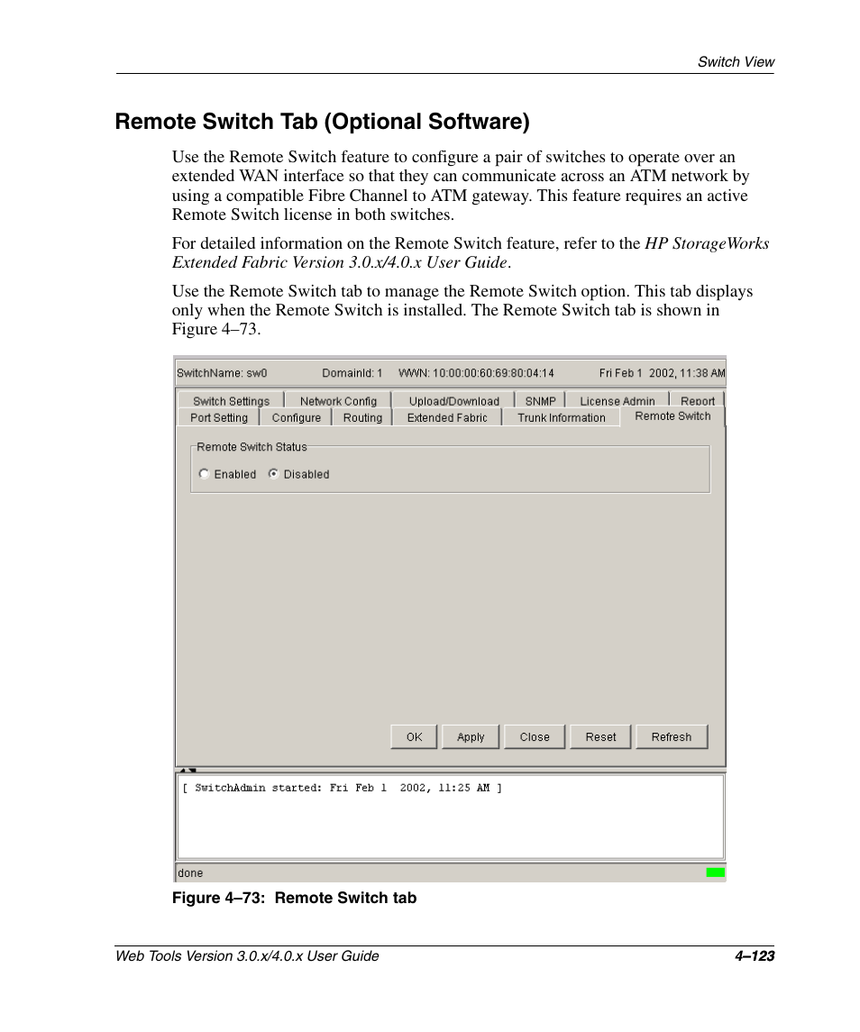 Remote switch tab (optional software), Figure 4-73: remote switch tab, Remote switch tab (optional software) –123 | Remote switch tab –123 | HP StorageWorks 2.32 SAN Switch User Manual | Page 279 / 348