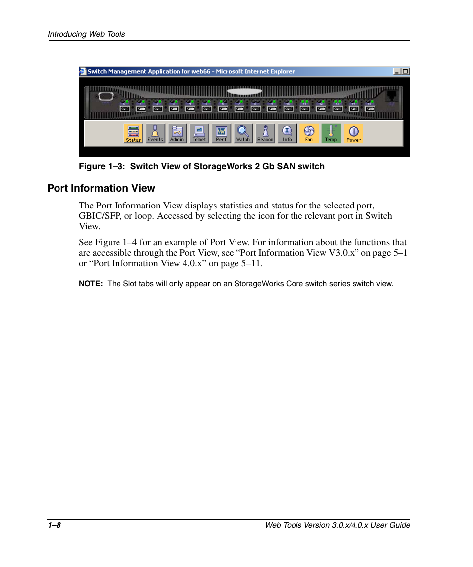 Port information view, Port information view –8, Switch view of storageworks 2 gb san switch –8 | D figure 1–3, D figure 1–3 fo | HP StorageWorks 2.32 SAN Switch User Manual | Page 28 / 348